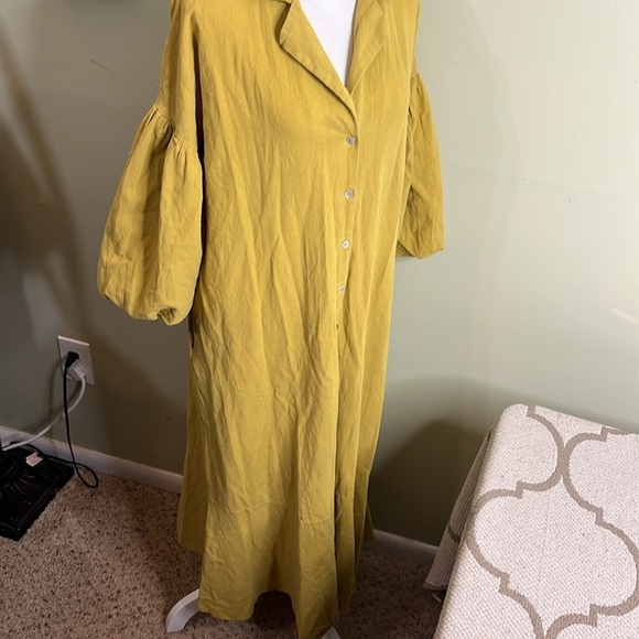 Margo Baridon Relaxed midi dress Yellow puff sleeve button down dress size large - Picture 16 of 17